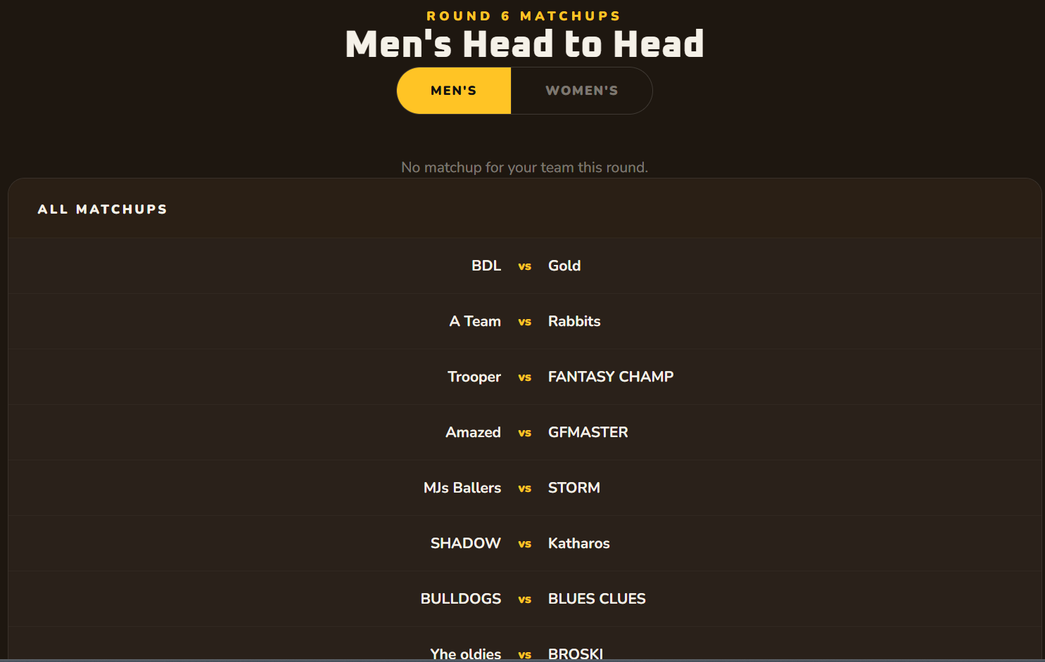 Head-to-head matchups